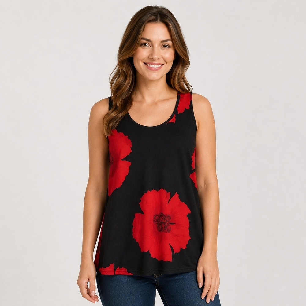 Jostar Tank Top Women Large Black Red Floral Poppy Slinky Knit Sleeveless 1902P